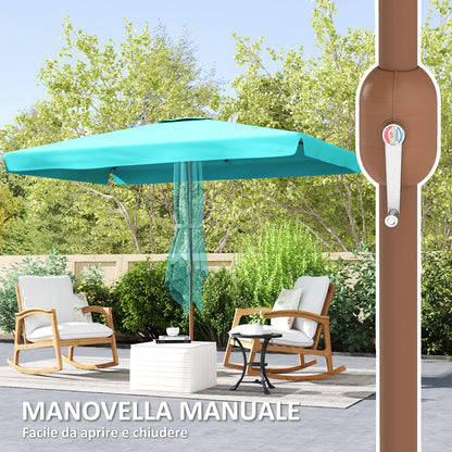 2x3 m Tilting Garden Umbrella with Crank, Air Vent and Ruffled Edge, Rectangular Outdoor Umbrella with UV 50+ Protection in Aluminum and Polyester 180 g/㎡, Turquoise