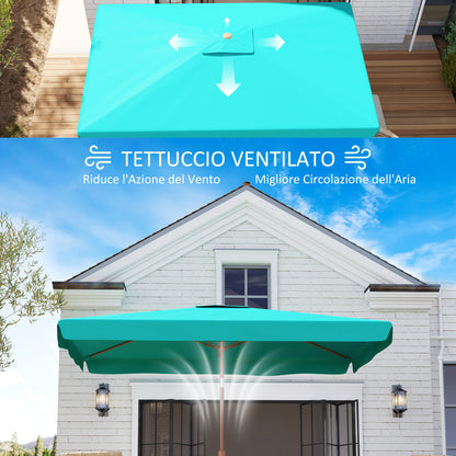 2x3 m Tilting Garden Umbrella with Crank, Air Vent and Ruffled Edge, Rectangular Outdoor Umbrella with UV 50+ Protection in Aluminum and Polyester 180 g/㎡, Turquoise