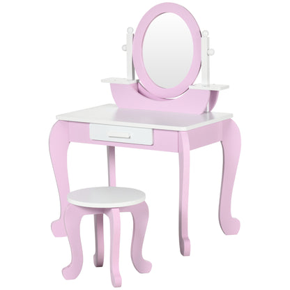 ZONEKIZ Girls Vanity with Stool and Mirror Childrens Wooden Vanity with Drawer Beauty Center Makeup Table for Girls 3-6 Years 65.5x46x93 cm Pink