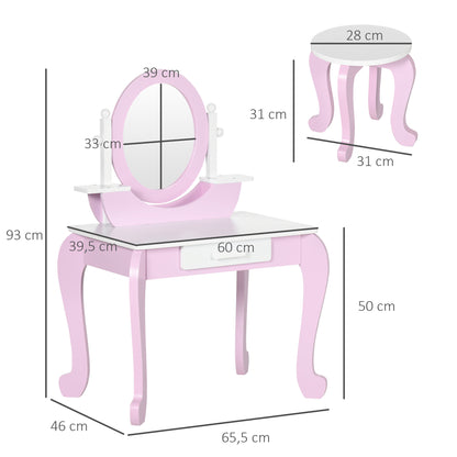 ZONEKIZ Girls Vanity with Stool and Mirror Childrens Wooden Vanity with Drawer Beauty Center Makeup Table for Girls 3-6 Years 65.5x46x93 cm Pink