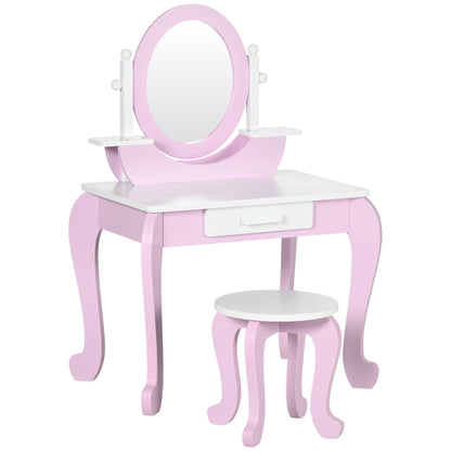 ZONEKIZ Girls Vanity with Stool and Mirror Childrens Wooden Vanity with Drawer Beauty Center Makeup Table for Girls 3-6 Years 65.5x46x93 cm Pink