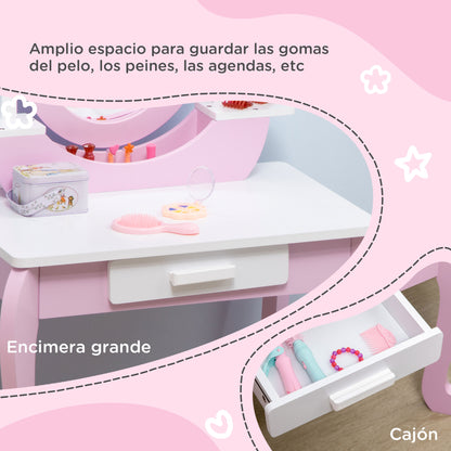 ZONEKIZ Girls Vanity with Stool and Mirror Childrens Wooden Vanity with Drawer Beauty Center Makeup Table for Girls 3-6 Years 65.5x46x93 cm Pink
