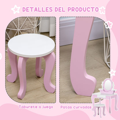 ZONEKIZ Girls Vanity with Stool and Mirror Childrens Wooden Vanity with Drawer Beauty Center Makeup Table for Girls 3-6 Years 65.5x46x93 cm Pink
