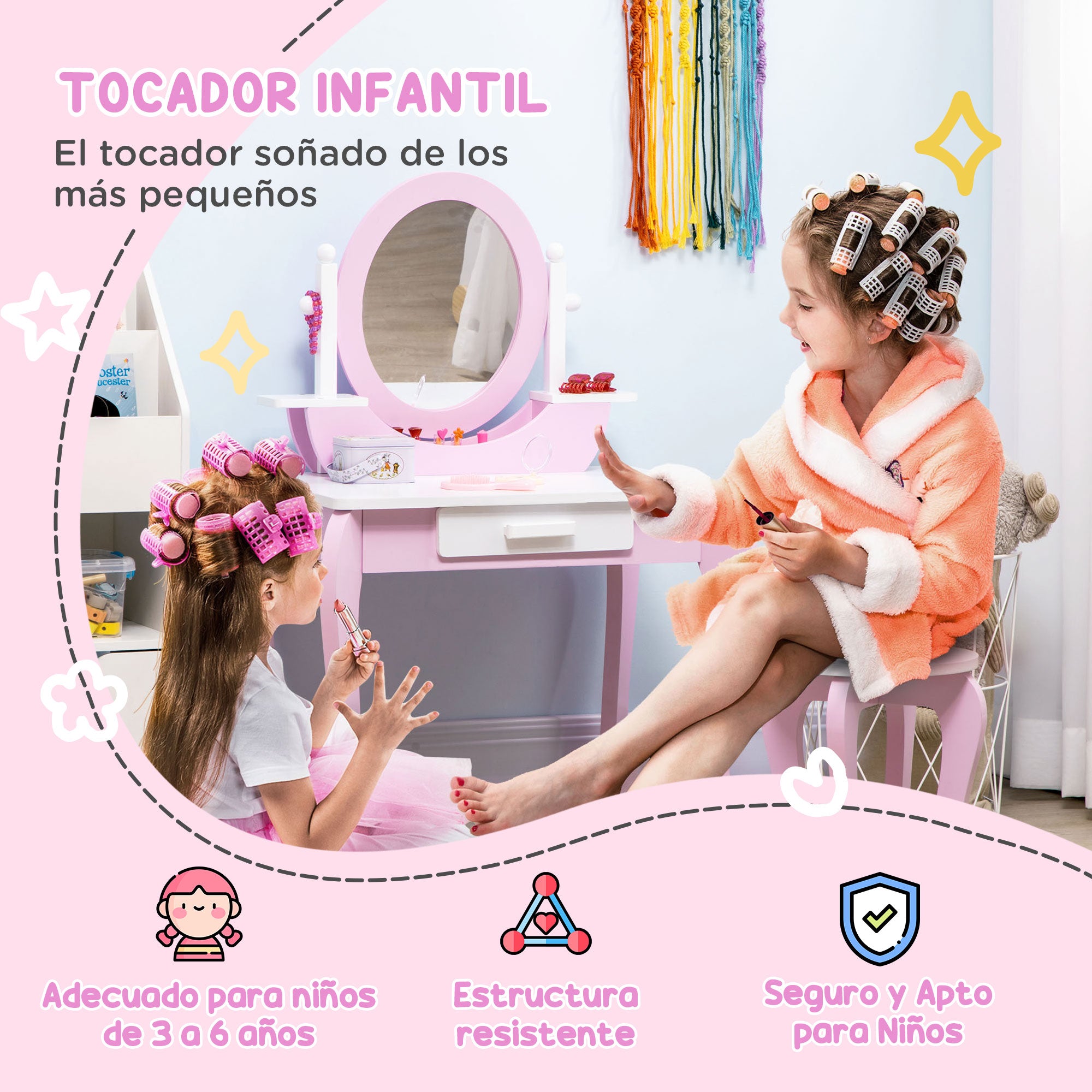 ZONEKIZ Girls Vanity with Stool and Mirror Childrens Wooden Vanity with Drawer Beauty Center Makeup Table for Girls 3-6 Years 65.5x46x93 cm Pink