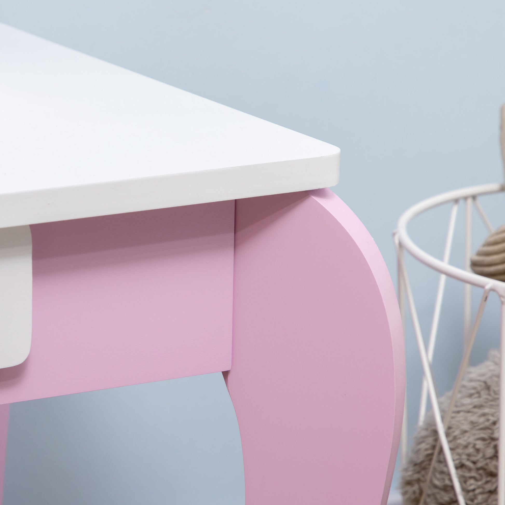 ZONEKIZ Girls Vanity with Stool and Mirror Childrens Wooden Vanity with Drawer Beauty Center Makeup Table for Girls 3-6 Years 65.5x46x93 cm Pink