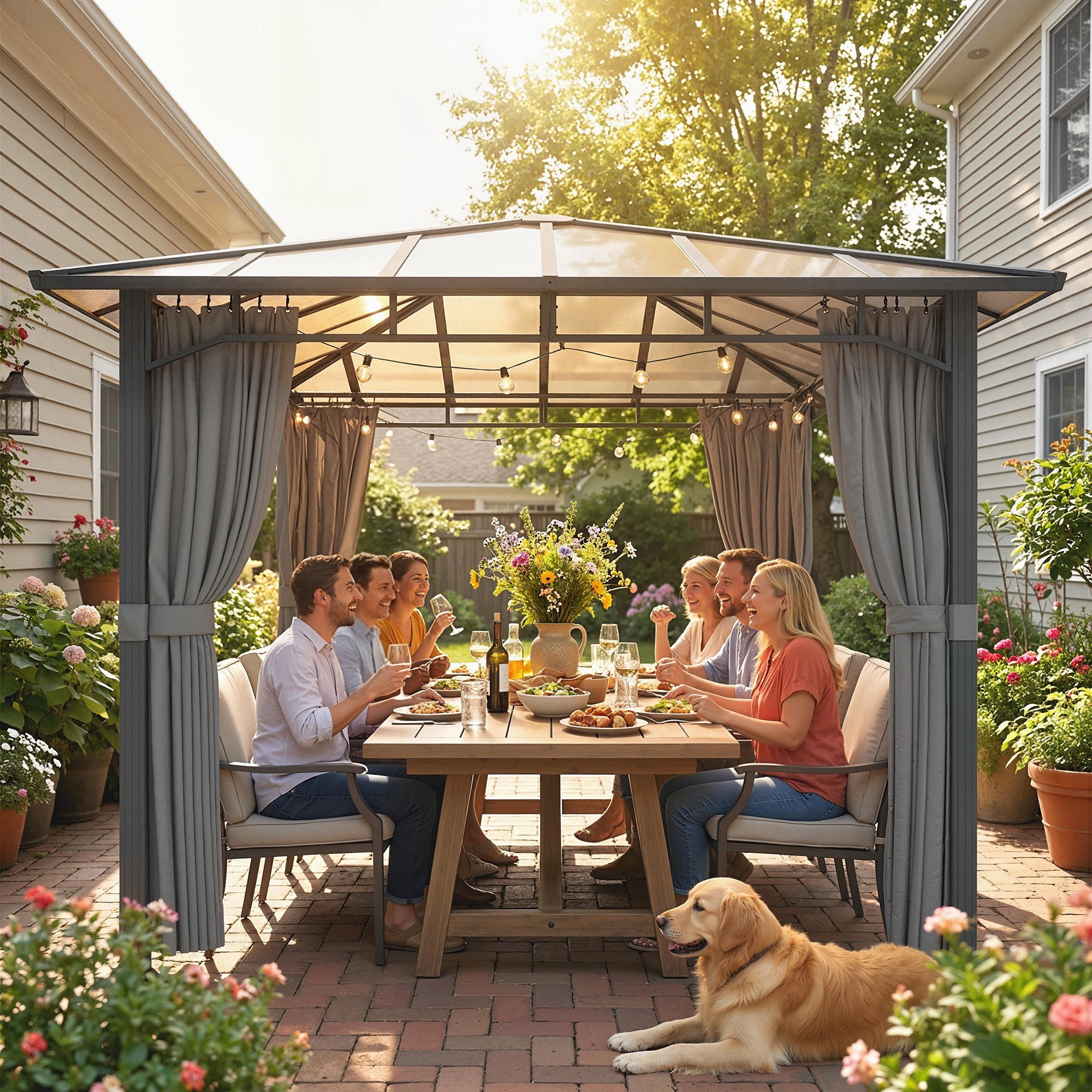 Garden Gazebo approx. 3 x 3 m Metal Gazebo with 6 mm Polycarbonate Roof, 4 Removable Sides, UV50+, Water-Resistant, Stable & Winterproof Hardtop Pergola - Dark Gray
