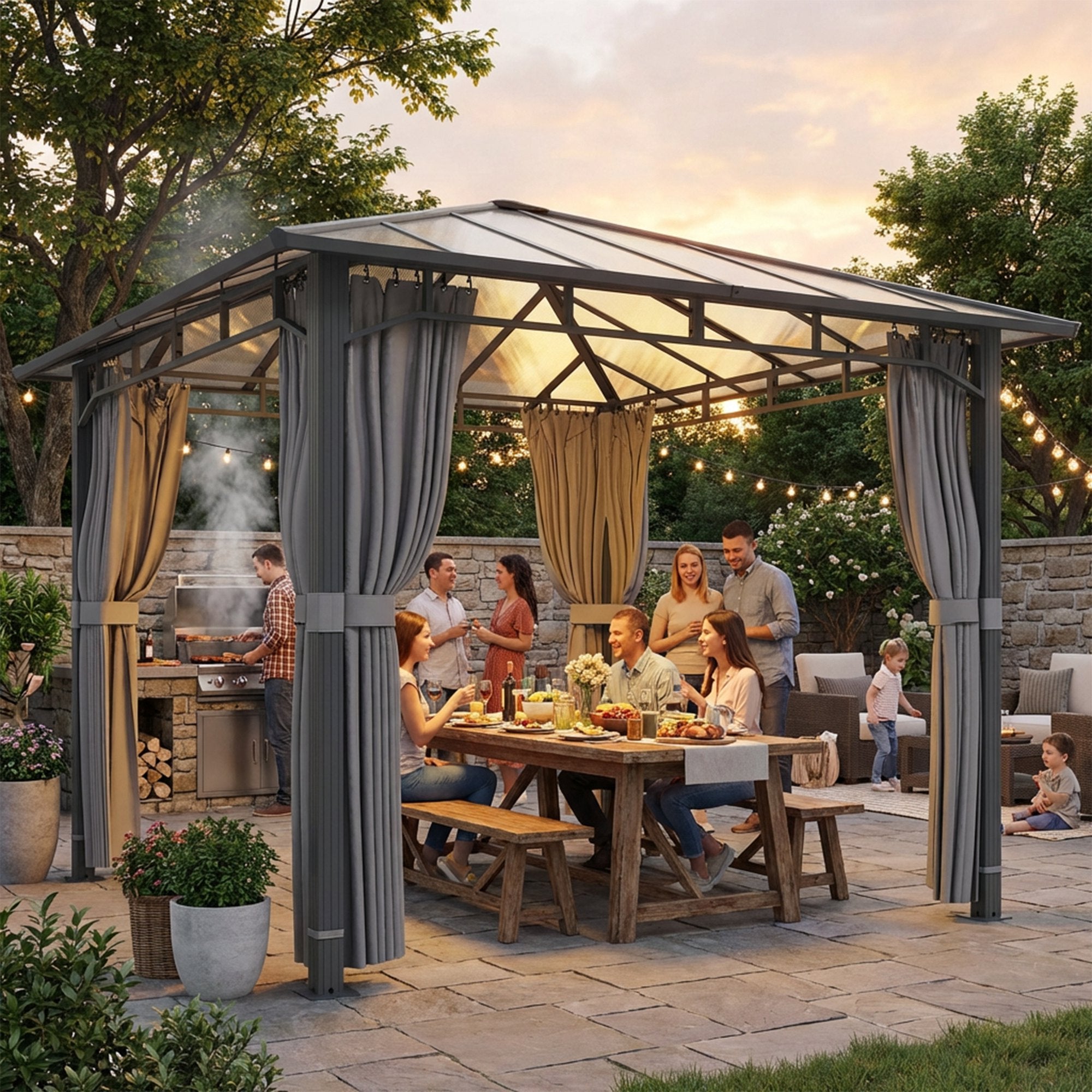 Garden Gazebo approx. 3 x 3 m Metal Gazebo with 6 mm Polycarbonate Roof, 4 Removable Sides, UV50+, Water-Resistant, Stable & Winterproof Hardtop Pergola - Dark Gray