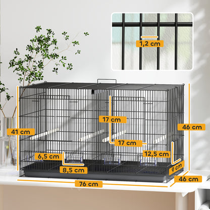 Indoor Bird Aviary Steel Cage with Divider, 4 Wooden Perches, Sliding Tray, 4 Feeders, for Budgies, Canaries, Finches, 76 x 46 x 46 cm, Black