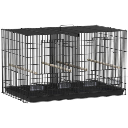 Indoor Bird Aviary Steel Cage with Divider, 4 Wooden Perches, Sliding Tray, 4 Feeders, for Budgies, Canaries, Finches, 76 x 46 x 46 cm, Black