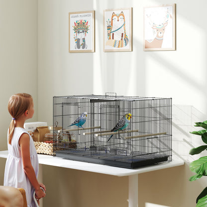 Indoor Bird Aviary Steel Cage with Divider, 4 Wooden Perches, Sliding Tray, 4 Feeders, for Budgies, Canaries, Finches, 76 x 46 x 46 cm, Black