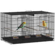 Indoor Bird Aviary Steel Cage with Divider, 4 Wooden Perches, Sliding Tray, 4 Feeders, for Budgies, Canaries, Finches, 76 x 46 x 46 cm, Black