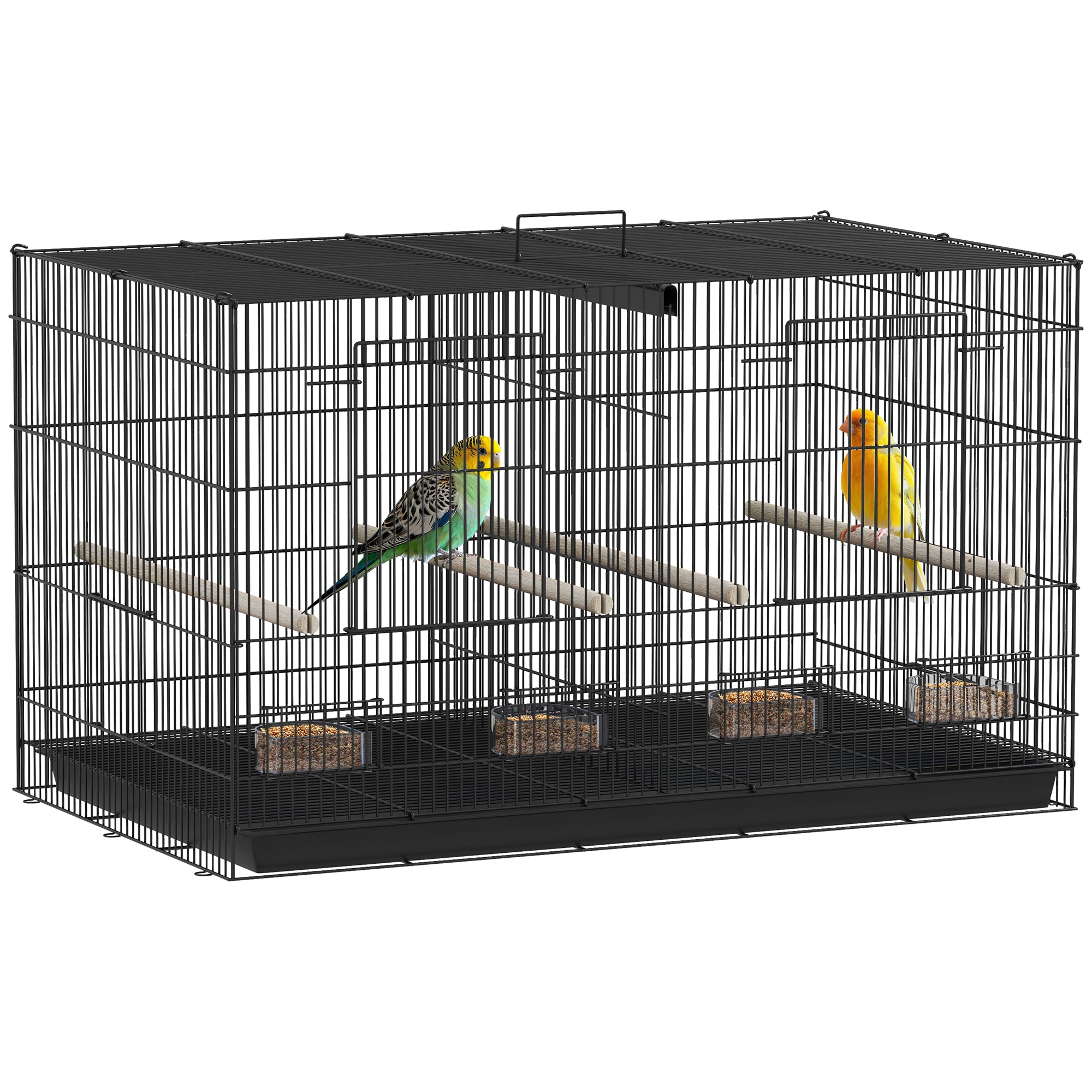 Indoor Bird Aviary Steel Cage with Divider, 4 Wooden Perches, Sliding Tray, 4 Feeders, for Budgies, Canaries, Finches, 76 x 46 x 46 cm, Black