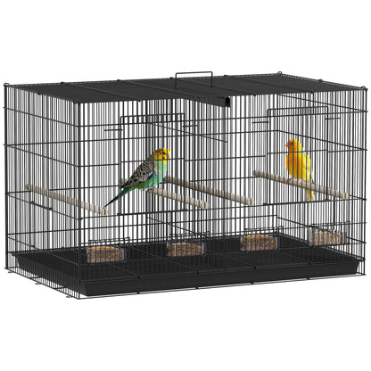 Indoor Bird Aviary Steel Cage with Divider, 4 Wooden Perches, Sliding Tray, 4 Feeders, for Budgies, Canaries, Finches, 76 x 46 x 46 cm, Black