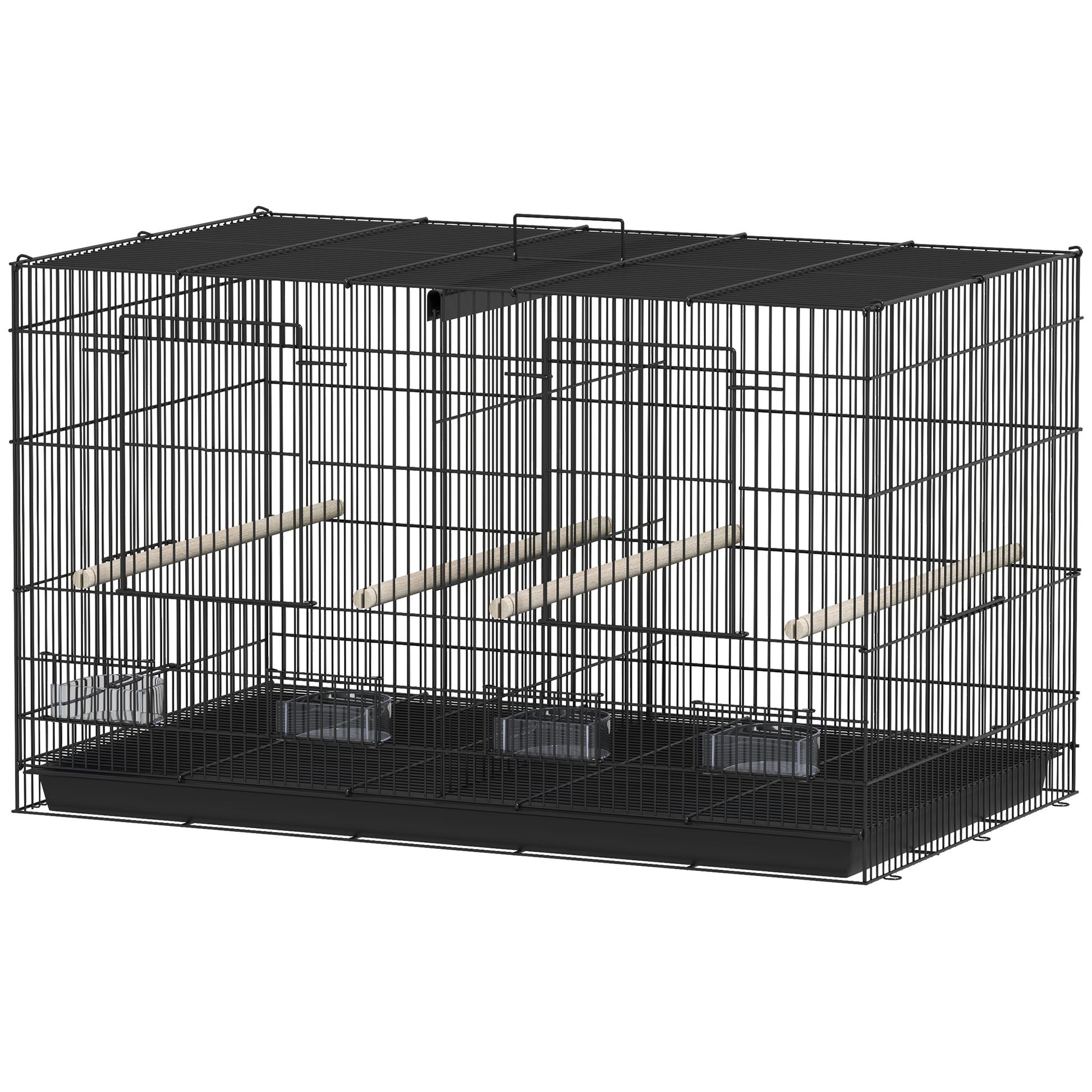 Indoor Bird Aviary Steel Cage with Divider, 4 Wooden Perches, Sliding Tray, 4 Feeders, for Budgies, Canaries, Finches, 76 x 46 x 46 cm, Black