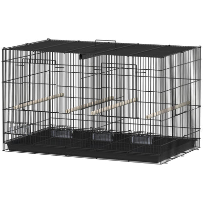 Indoor Bird Aviary Steel Cage with Divider, 4 Wooden Perches, Sliding Tray, 4 Feeders, for Budgies, Canaries, Finches, 76 x 46 x 46 cm, Black