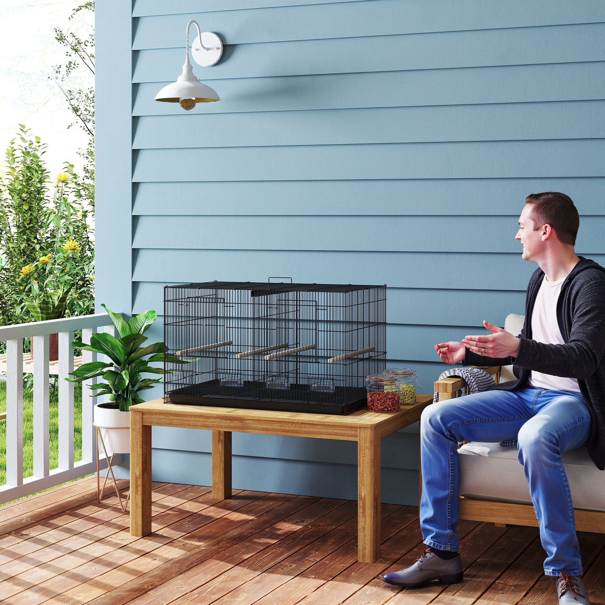Indoor Bird Aviary Steel Cage with Divider, 4 Wooden Perches, Sliding Tray, 4 Feeders, for Budgies, Canaries, Finches, 76 x 46 x 46 cm, Black
