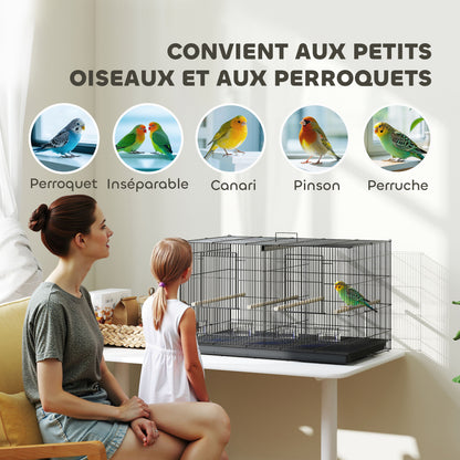 Indoor Bird Aviary Steel Cage with Divider, 4 Wooden Perches, Sliding Tray, 4 Feeders, for Budgies, Canaries, Finches, 76 x 46 x 46 cm, Black