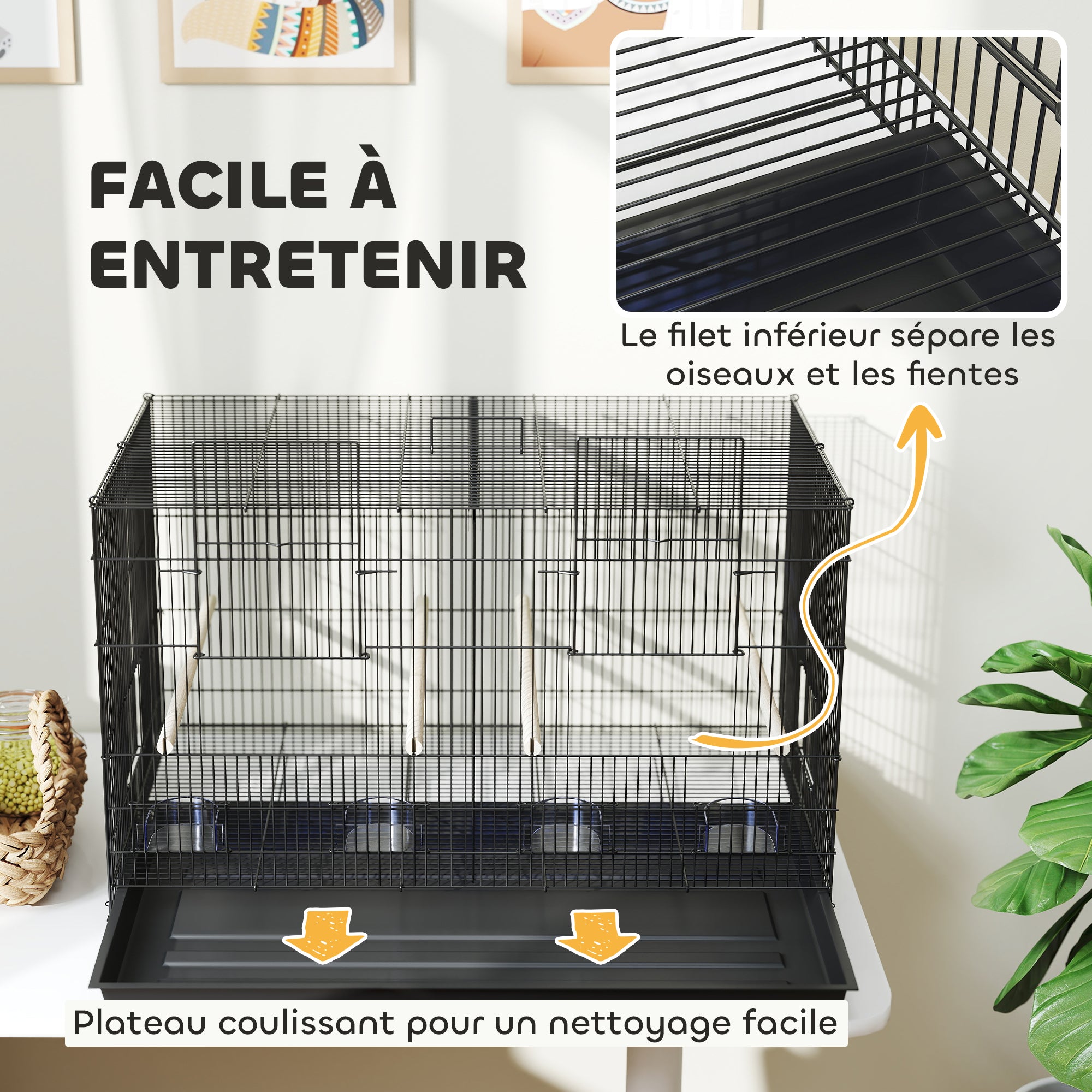 Indoor Bird Aviary Steel Cage with Divider, 4 Wooden Perches, Sliding Tray, 4 Feeders, for Budgies, Canaries, Finches, 76 x 46 x 46 cm, Black
