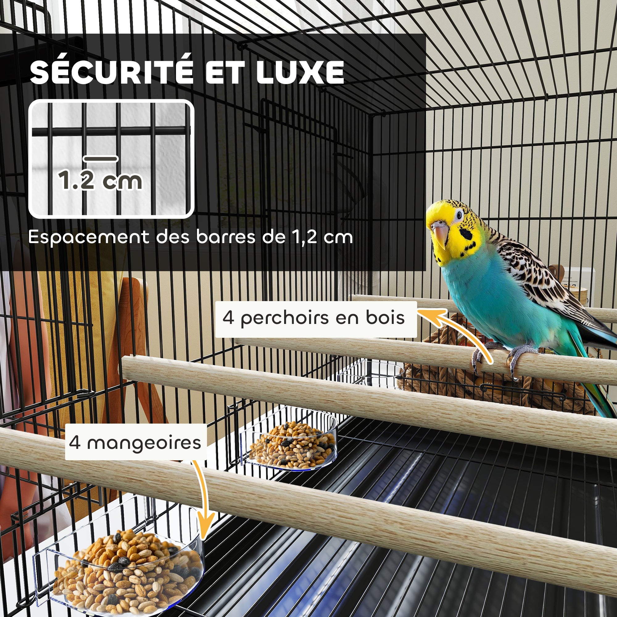 Indoor Bird Aviary Steel Cage with Divider, 4 Wooden Perches, Sliding Tray, 4 Feeders, for Budgies, Canaries, Finches, 76 x 46 x 46 cm, Black