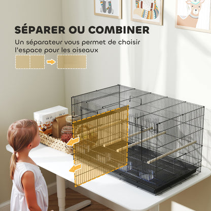 Indoor Bird Aviary Steel Cage with Divider, 4 Wooden Perches, Sliding Tray, 4 Feeders, for Budgies, Canaries, Finches, 76 x 46 x 46 cm, Black
