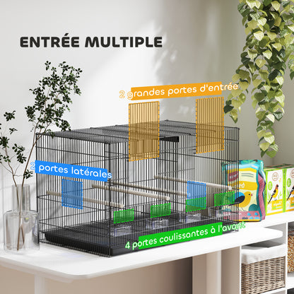 Indoor Bird Aviary Steel Cage with Divider, 4 Wooden Perches, Sliding Tray, 4 Feeders, for Budgies, Canaries, Finches, 76 x 46 x 46 cm, Black