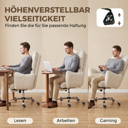Ergonomic Office Chair with Footrest — Snow-White Flannel, Thick Padding, High Back, Height Adjustable, Cream White