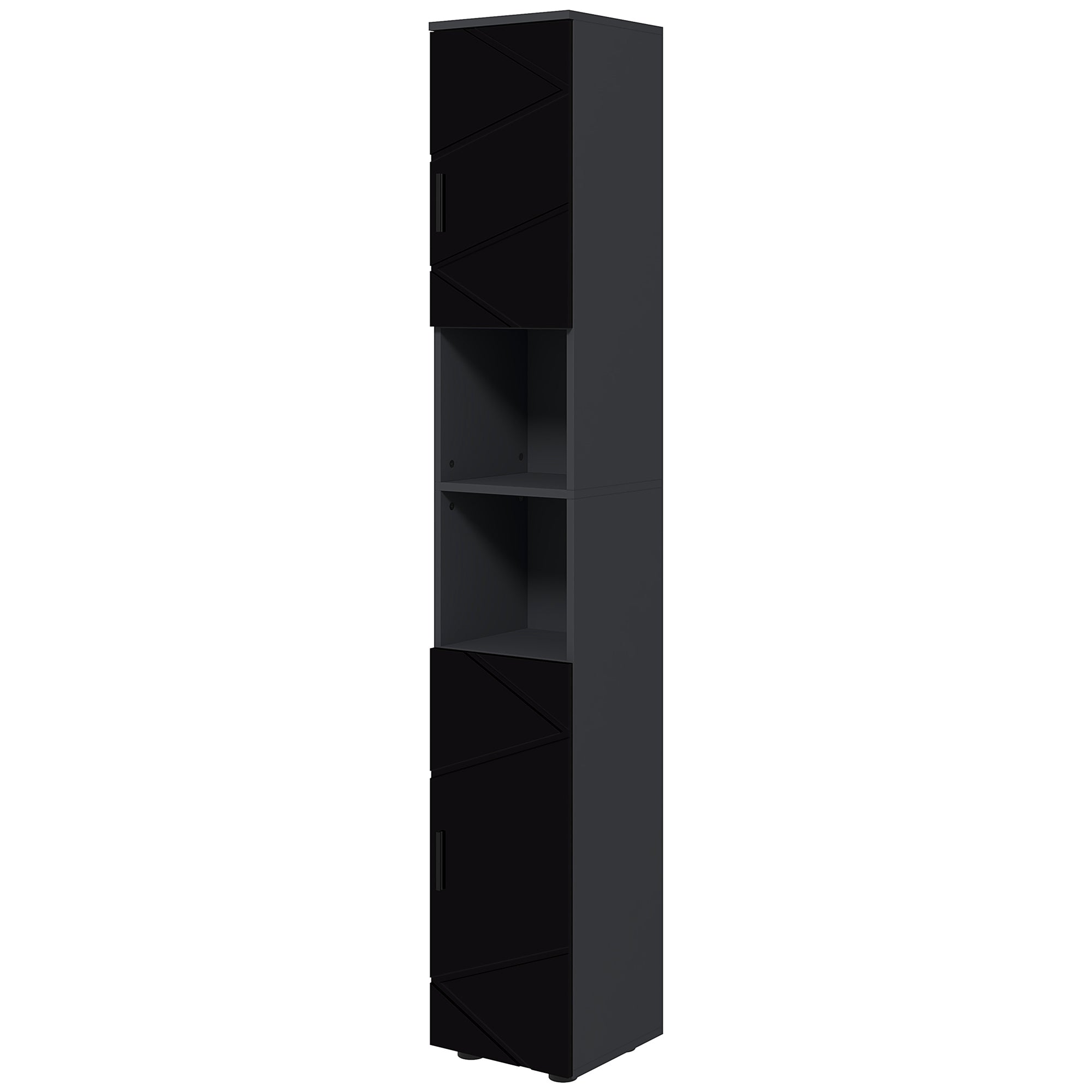 Particle Board Bathroom Column with 2 Open Shelves and 2 Adjustable 2-Level Cabinets, 30x30x183 cm, Black and Dark Grey