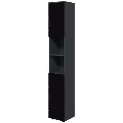 Particle Board Bathroom Column with 2 Open Shelves and 2 Adjustable 2-Level Cabinets, 30x30x183 cm, Black and Dark Grey
