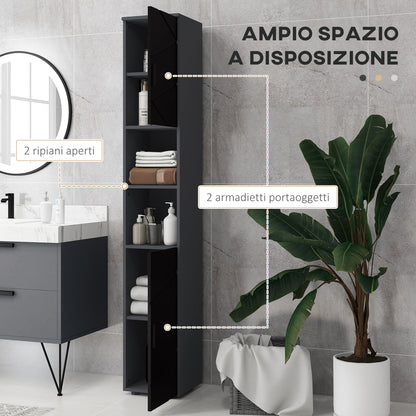 Particle Board Bathroom Column with 2 Open Shelves and 2 Adjustable 2-Level Cabinets, 30x30x183 cm, Black and Dark Grey