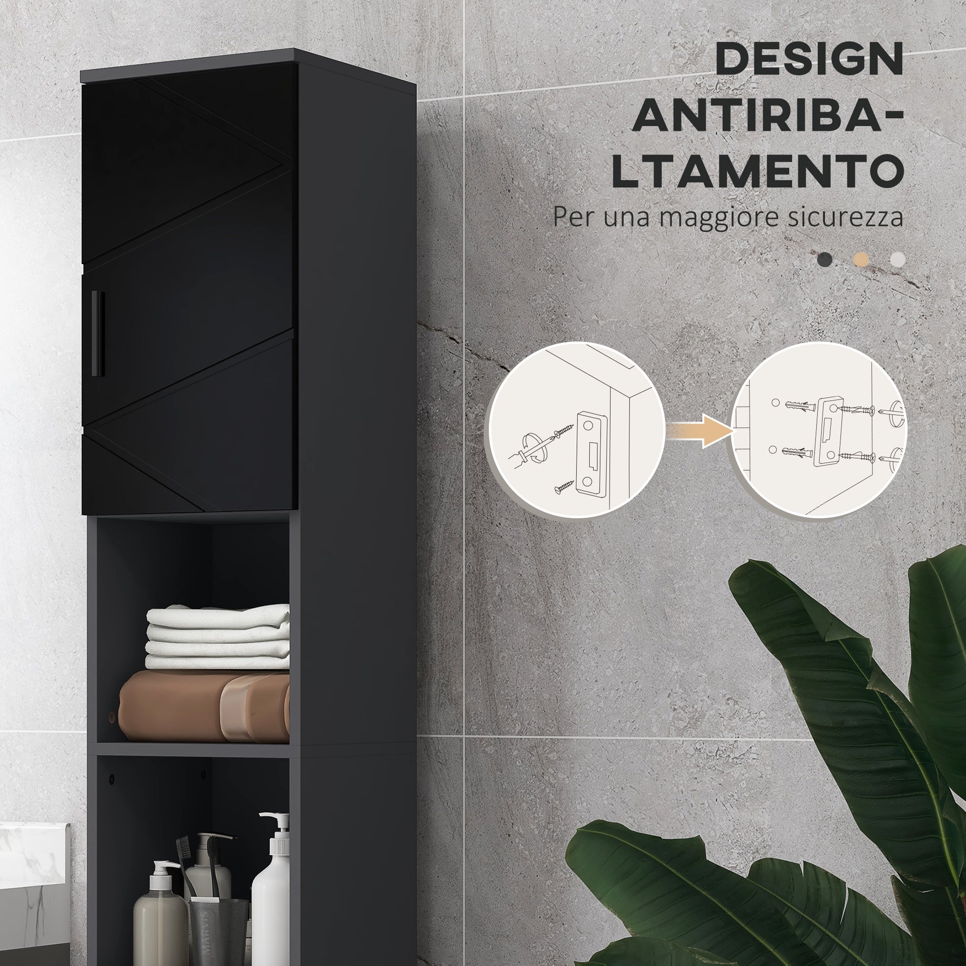 Particle Board Bathroom Column with 2 Open Shelves and 2 Adjustable 2-Level Cabinets, 30x30x183 cm, Black and Dark Grey
