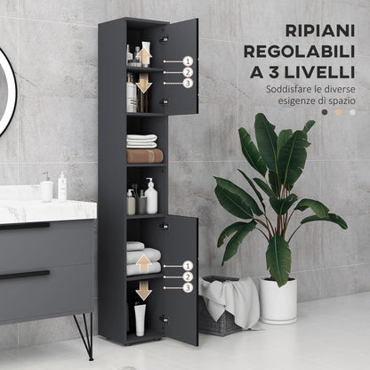Particle Board Bathroom Column with 2 Open Shelves and 2 Adjustable 2-Level Cabinets, 30x30x183 cm, Black and Dark Grey