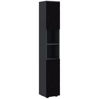 Particle Board Bathroom Column with 2 Open Shelves and 2 Adjustable 2-Level Cabinets, 30x30x183 cm, Black and Dark Grey