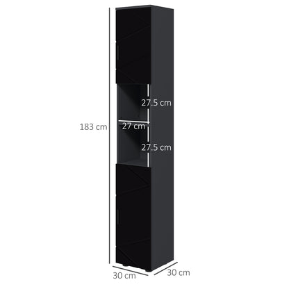 Particle Board Bathroom Column with 2 Open Shelves and 2 Adjustable 2-Level Cabinets, 30x30x183 cm, Black and Dark Grey