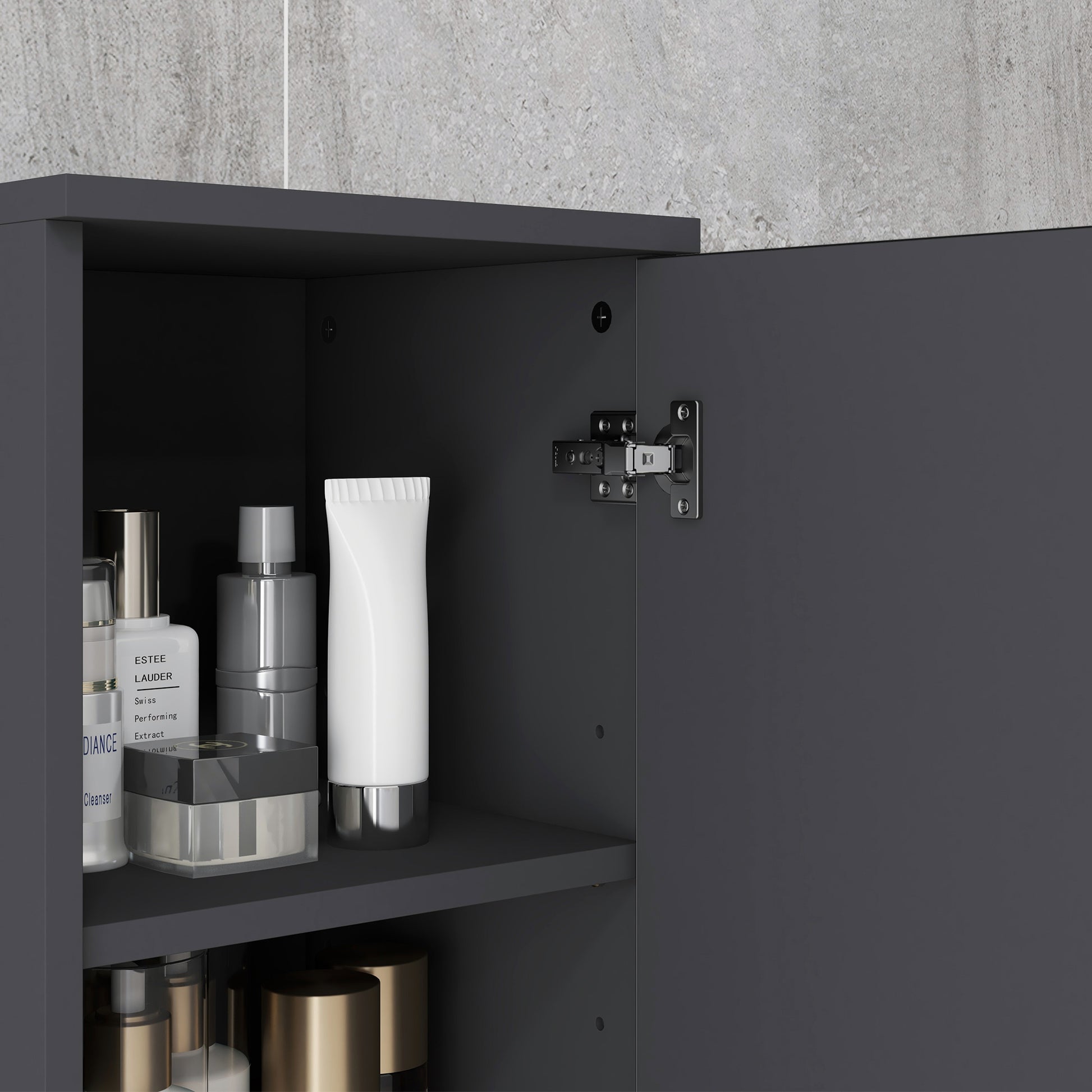 Particle Board Bathroom Column with 2 Open Shelves and 2 Adjustable 2-Level Cabinets, 30x30x183 cm, Black and Dark Grey