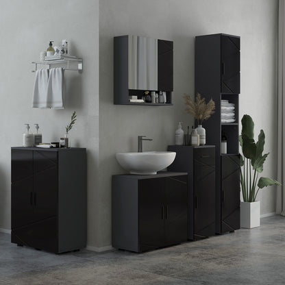 Particle Board Bathroom Column with 2 Open Shelves and 2 Adjustable 2-Level Cabinets, 30x30x183 cm, Black and Dark Grey