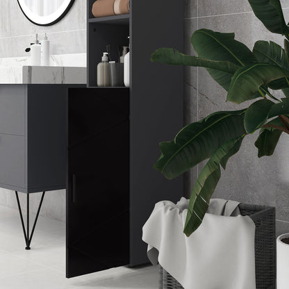 Particle Board Bathroom Column with 2 Open Shelves and 2 Adjustable 2-Level Cabinets, 30x30x183 cm, Black and Dark Grey
