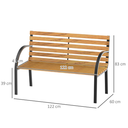 2-Seater Wooden Garden Bench 122x60x83 cm with Backrest and Armrests Slats and Steel Frame Load 220 kg Natural and Black Color