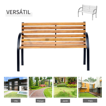 2-Seater Wooden Garden Bench 122x60x83 cm with Backrest and Armrests Slats and Steel Frame Load 220 kg Natural and Black Color