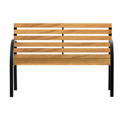2-Seater Wooden Garden Bench 122x60x83 cm with Backrest and Armrests Slats and Steel Frame Load 220 kg Natural and Black Color