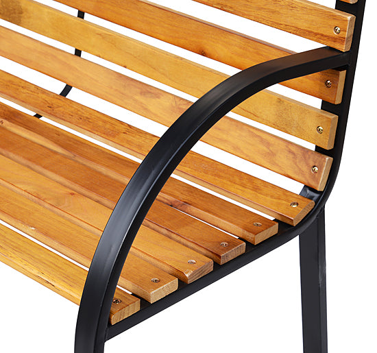 2-Seater Wooden Garden Bench 122x60x83 cm with Backrest and Armrests Slats and Steel Frame Load 220 kg Natural and Black Color