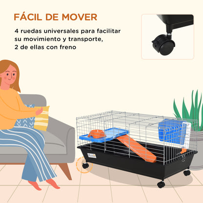 Small Rodent Cage with Wheels Habitat for Ferrets Guinea Pigs with Feeder Water Drinker Ramp and Openable Roof 89x44x43 cm Black