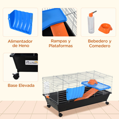 Small Rodent Cage with Wheels Habitat for Ferrets Guinea Pigs with Feeder Water Drinker Ramp and Openable Roof 89x44x43 cm Black