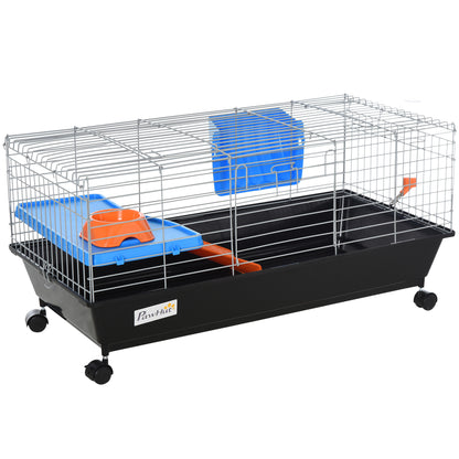 Small Rodent Cage with Wheels Habitat for Ferrets Guinea Pigs with Feeder Water Drinker Ramp and Openable Roof 89x44x43 cm Black