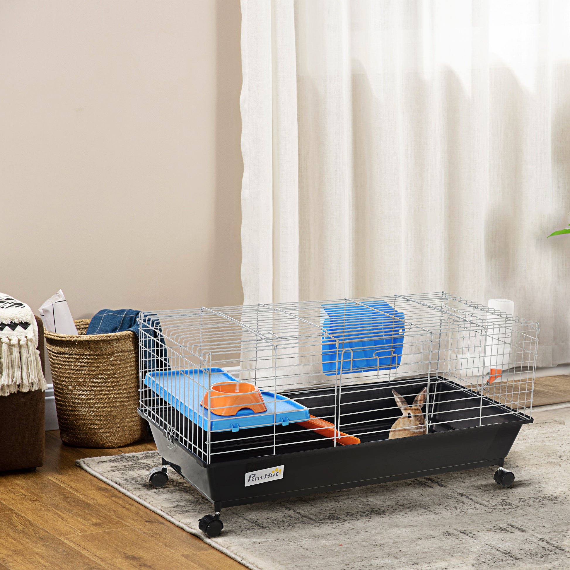 Small Rodent Cage with Wheels Habitat for Ferrets Guinea Pigs with Feeder Water Drinker Ramp and Openable Roof 89x44x43 cm Black