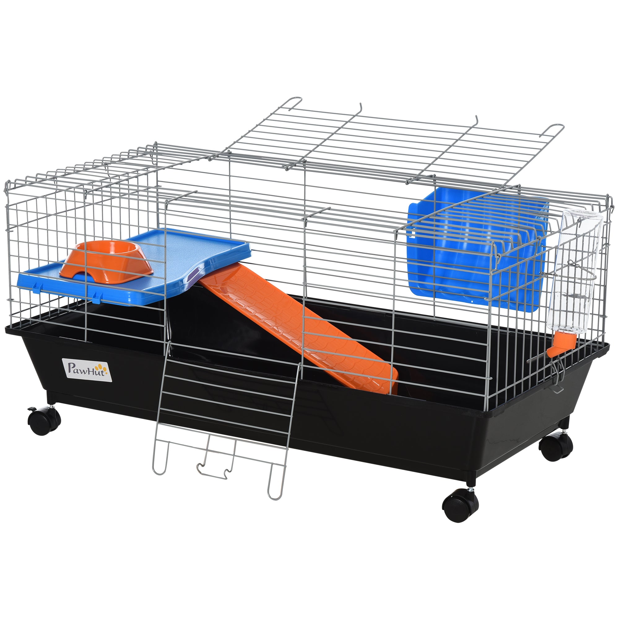 Small Rodent Cage with Wheels Habitat for Ferrets Guinea Pigs with Feeder Water Drinker Ramp and Openable Roof 89x44x43 cm Black