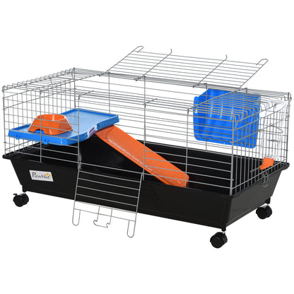 Small Rodent Cage with Wheels Habitat for Ferrets Guinea Pigs with Feeder Water Drinker Ramp and Openable Roof 89x44x43 cm Black