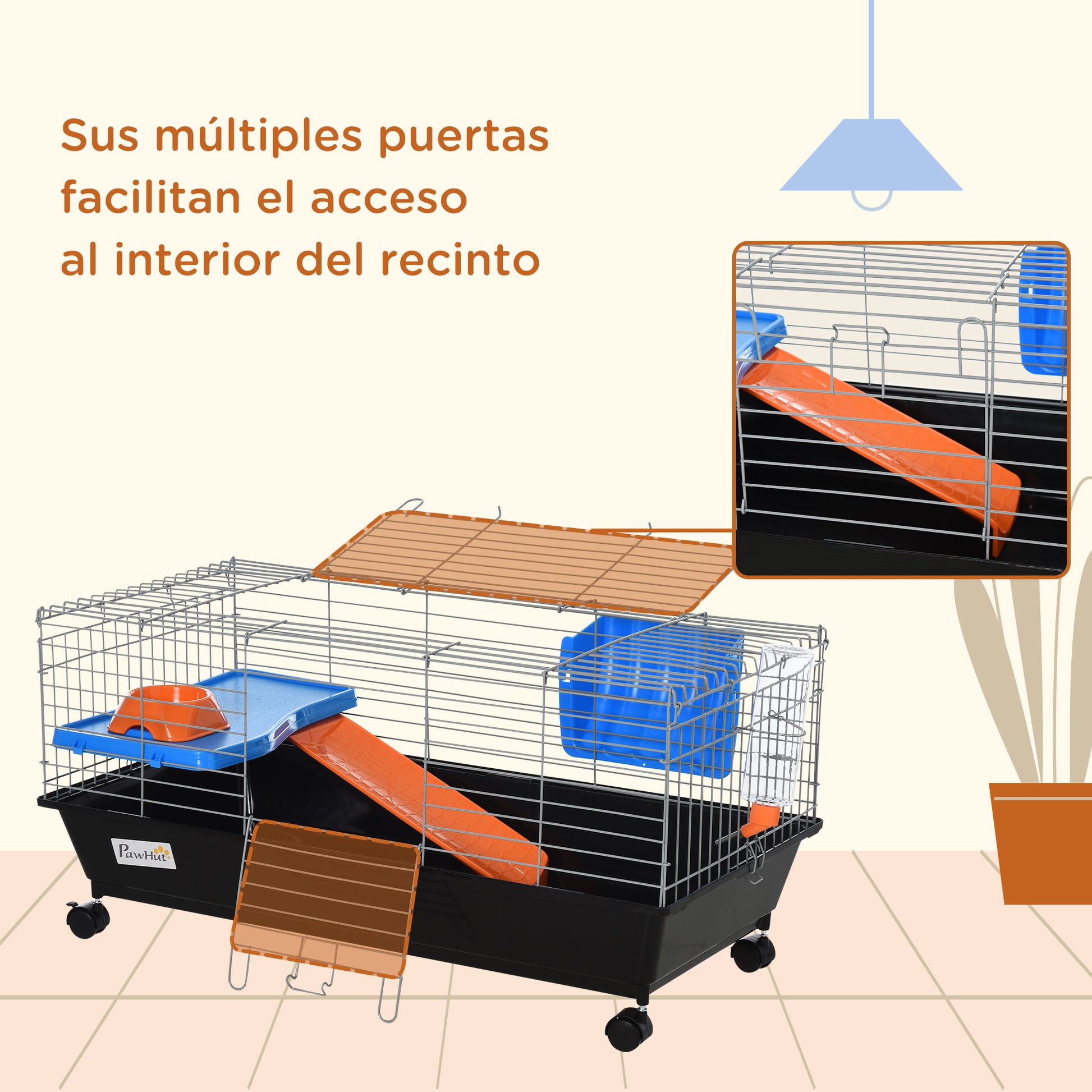 Small Rodent Cage with Wheels Habitat for Ferrets Guinea Pigs with Feeder Water Drinker Ramp and Openable Roof 89x44x43 cm Black