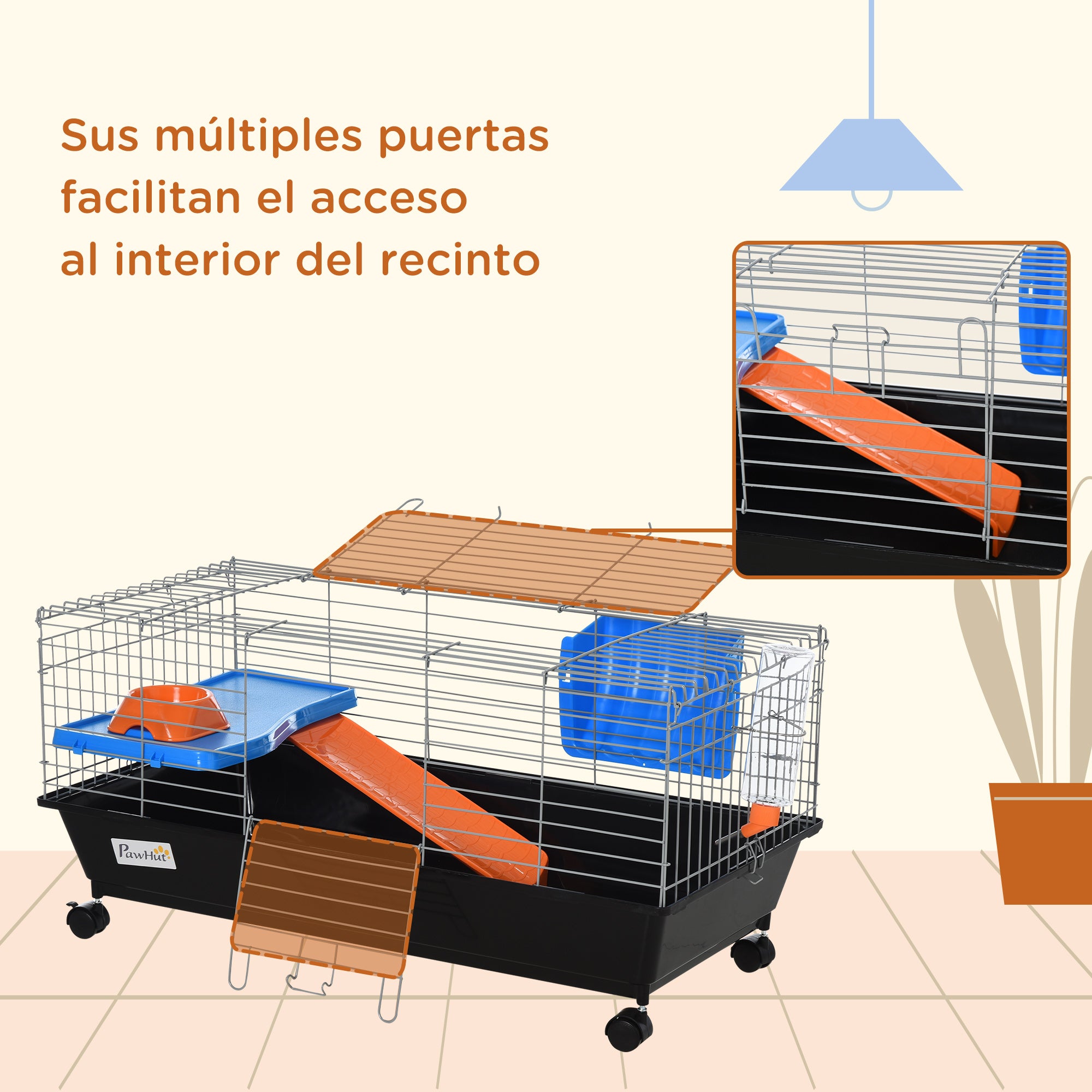 Small Rodent Cage with Wheels Habitat for Ferrets Guinea Pigs with Feeder Water Drinker Ramp and Openable Roof 89x44x43 cm Black