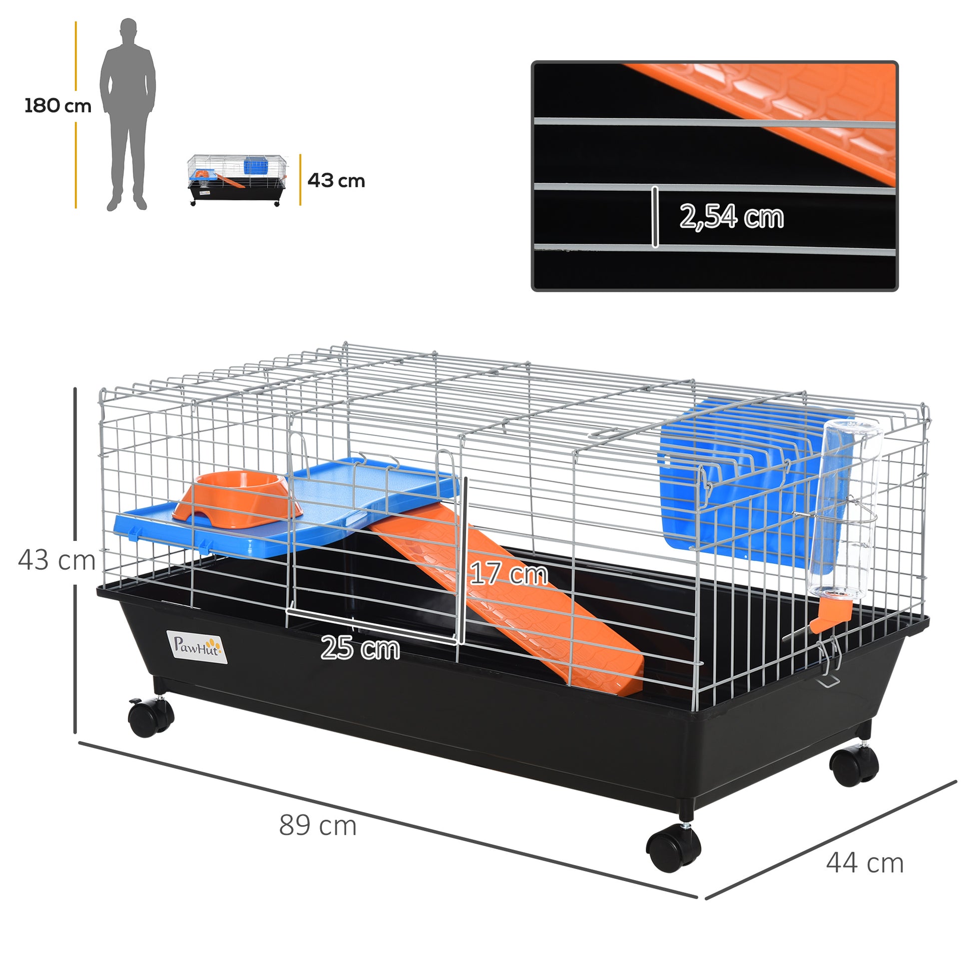 Small Rodent Cage with Wheels Habitat for Ferrets Guinea Pigs with Feeder Water Drinker Ramp and Openable Roof 89x44x43 cm Black
