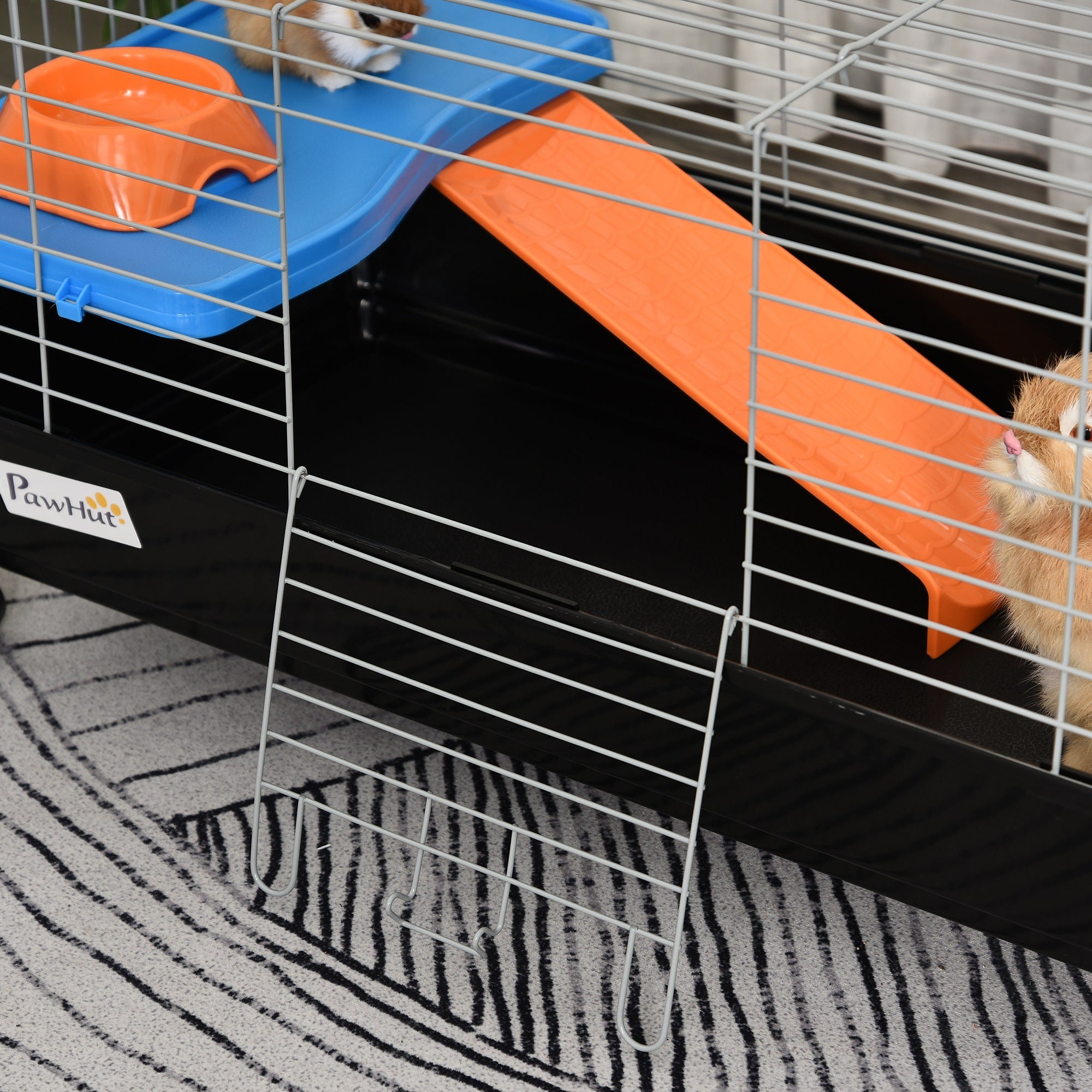 Small Rodent Cage with Wheels Habitat for Ferrets Guinea Pigs with Feeder Water Drinker Ramp and Openable Roof 89x44x43 cm Black